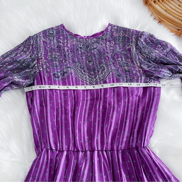 Vintage Hanae Mori New York VTG Chiffon Paisley Stripe Dress Purple - Picture 13 of 16